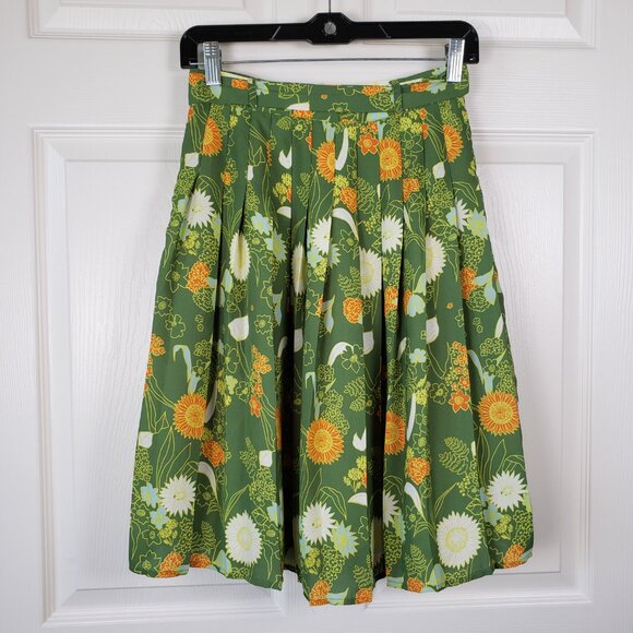 Modcloth Green Floral Retro Pleated Skirt Size S - Picture 7 of 9